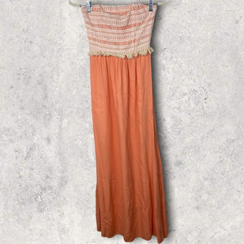 Ella Moss Bohemian Crochet Strapless Maxi Dress Salmon Orange Size XS Boho Raffi - Picture 5 of 13